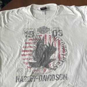 Harley-Davidson White Short Sleeve Tee with Black Eagle and Red Stripe Graphic